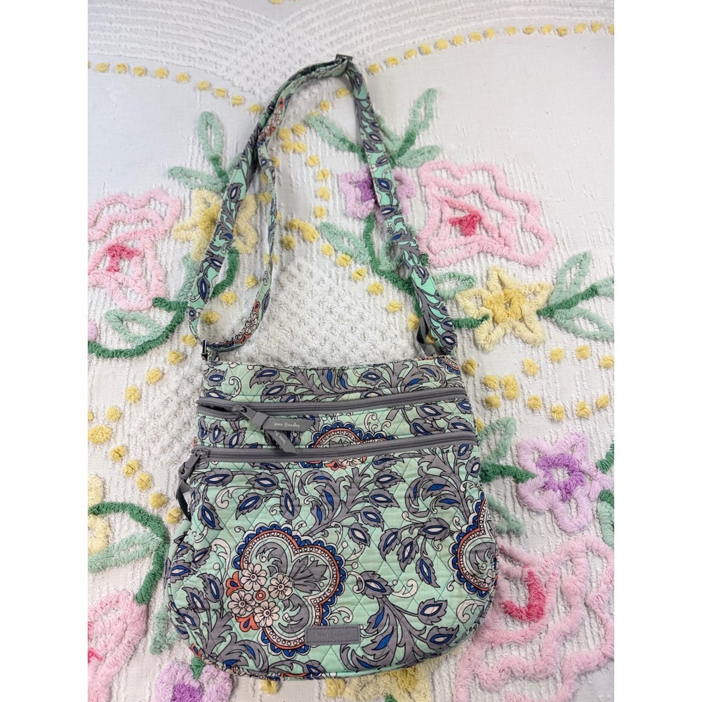 Vera Bradley Quilted Crossbody‎ Bag Mint Paisley Blue Gray Orange Floral Zip